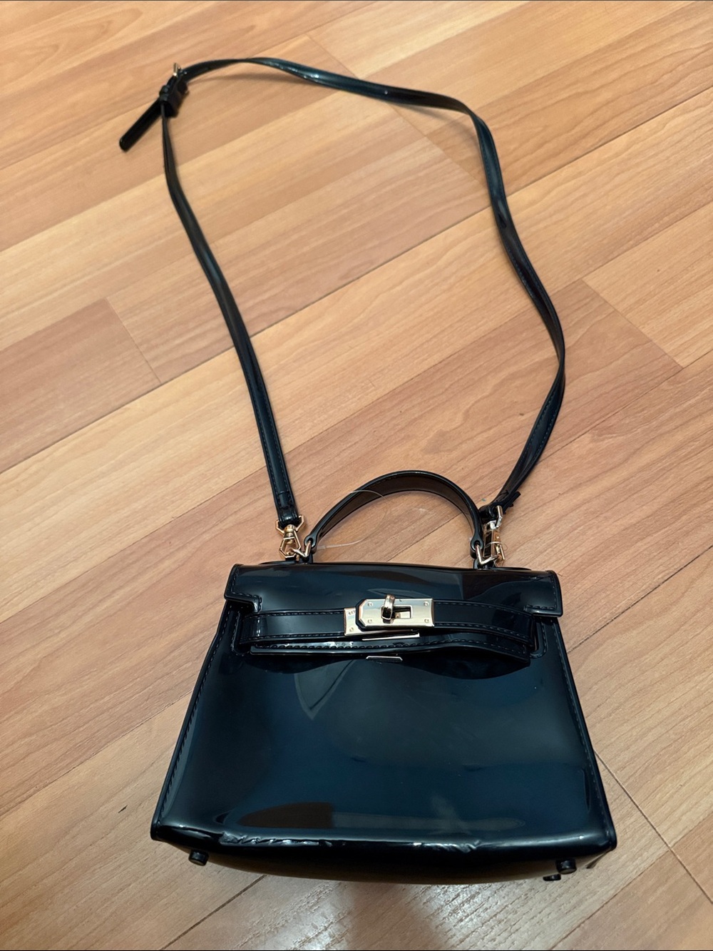 Black Patent PVC Top-Handle Crossbody Bag with Gold Hardware